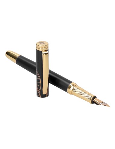 Stylo-plume et etui simili cuir belius soiree aluminium details et attributs or encre bleue coloris noir coffret cadeau.
