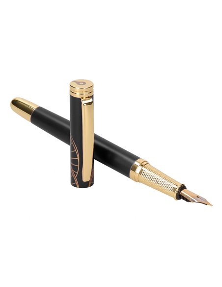 Stylo-plume et etui simili cuir belius soiree aluminium details et attributs or encre bleue coloris noir coffret cadeau.