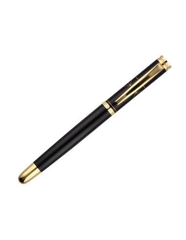 Stylo-plume et etui simili cuir belius soiree aluminium details et attributs or encre bleue coloris noir coffret cadeau.