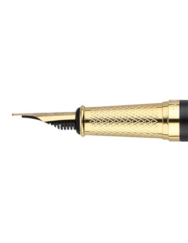 Stylo-plume et etui simili cuir belius soiree aluminium details et attributs or encre bleue coloris noir coffret cadeau.