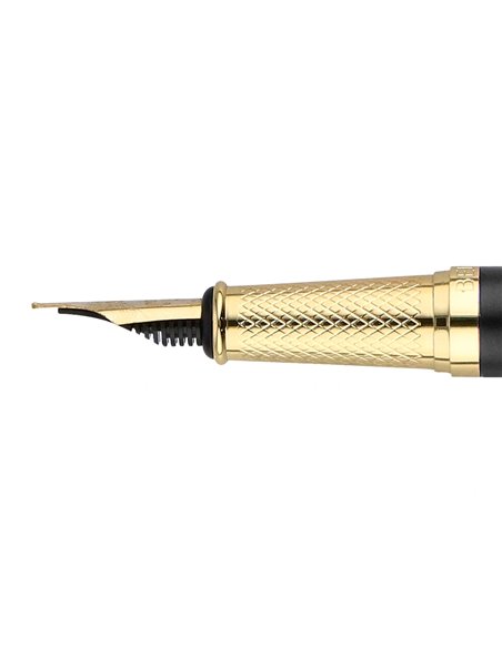Stylo-plume et etui simili cuir belius soiree aluminium details et attributs or encre bleue coloris noir coffret cadeau.