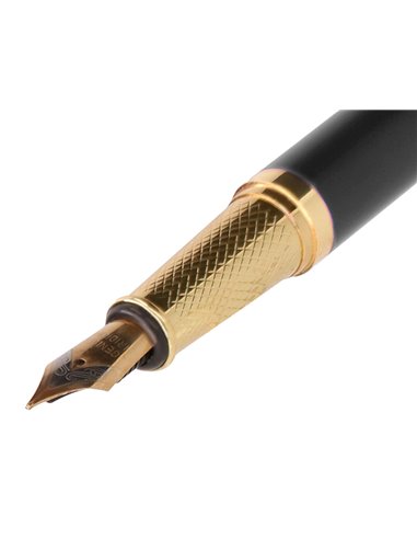 Stylo-plume et etui simili cuir belius soiree aluminium details et attributs or encre bleue coloris noir coffret cadeau.