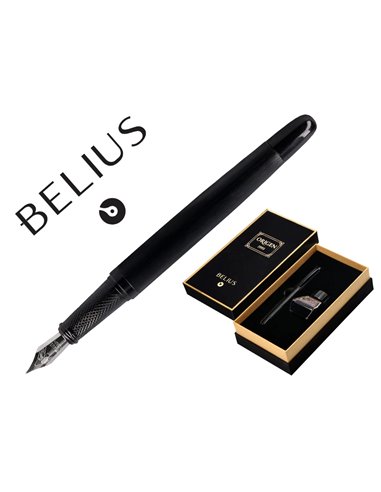 Stylo-plume et flacon d'encre belius origen aluminium brosse encre noire coloris noir dans coffret cadeau.