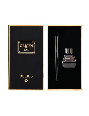 Stylo-plume et flacon d'encre belius origen aluminium brosse encre noire coloris noir dans coffret cadeau.