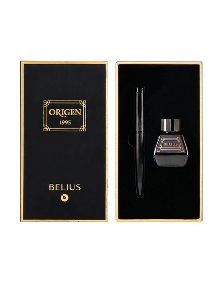 Stylo-plume et flacon d'encre belius origen aluminium brosse encre noire coloris noir dans coffret cadeau.