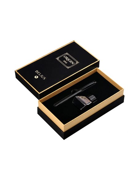 Stylo-plume et flacon d'encre belius origen aluminium brosse encre noire coloris noir dans coffret cadeau.