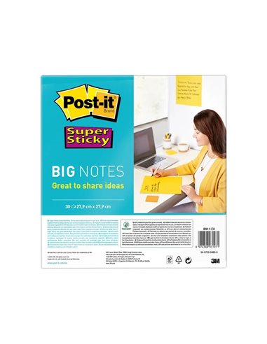 Big notes post-it super sticky 279x279mm 30 feuilles couleur jaune.