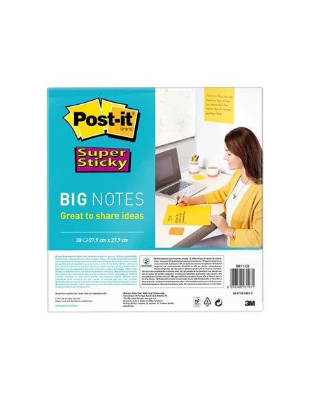Big notes post-it super sticky 279x279mm 30 feuilles couleur jaune.
