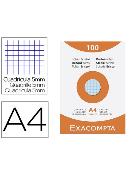 Etui 100 fiches exacompta bristol quadrillee 5x5 non perforee 210x297 mm coloris assortis.