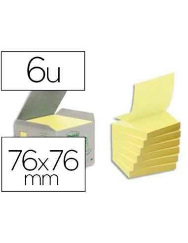 Bloc-notes post-it z-notes papier recyclé 76x76mm 100f/bloc repositionnables coloris jaune boîte 6 blocs.