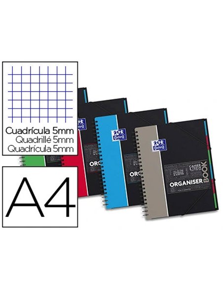 Cahier spirale oxford organiser book optik paper couverture pp a4 160 pages 5x5mm détachables 4 trous.