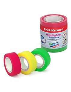 Lot de 3 rubans adhésifs surligneurs Erichkrause - Dimensions : 18 mm x 20 m - Couleurs : jaune, vert et rose fluo