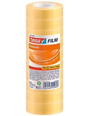 Tesa Film Standard, paquet de 10 rubans adhésifs transparents 15 mm x 33 m - Bonne adhérence et haute résistance aux UV - Sans P