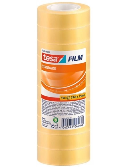 Tesa Film Standard, paquet de 10 rubans adhésifs transparents 15 mm x 33 m - Bonne adhérence et haute résistance aux UV - Sans P