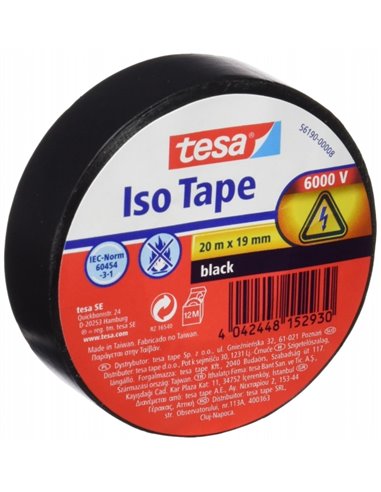 Ruban isolant Tesa 19 mm x 20 m – En PVC – Pour réparer, isoler et regrouper tous types de câbles électriques – Noir