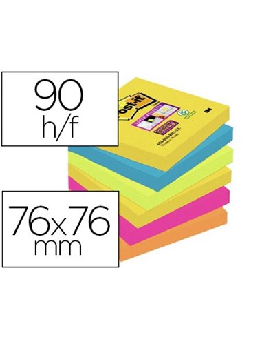 Bloc-notes post-it super sticky couleur carnival 76x76mm 90fjau/neo/bleu mer/vejau éon/fuchsia/orange néon 6 blocs.