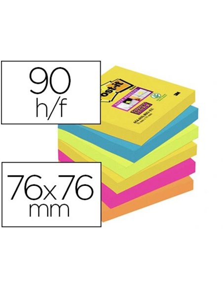Bloc-notes post-it super sticky couleur carnival 76x76mm 90fjau/neo/bleu mer/vejau éon/fuchsia/orange néon 6 blocs.