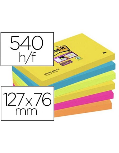 Bloc-notes post-it super sticky couleur carnival 127x76mm 90f repositionnable rose o range jaune lot 6 unités.