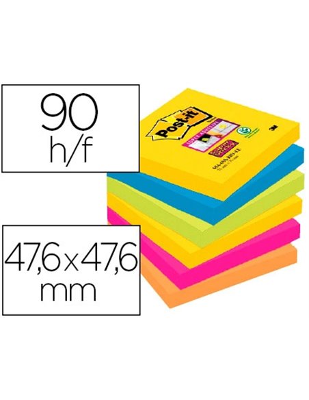 Bloc-notes post-it super sticky couleur carnival 47.6x47.6mm90f neon/bleu/vert/jaun/fusch/orange 12 blocs 622-1255rio.