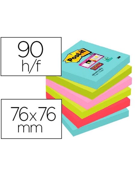 Bloc-notes post-it super sticky couleurs carnival 76x76mm 90 feuilles adhesives renforcebleu vert rose 6 blocs.