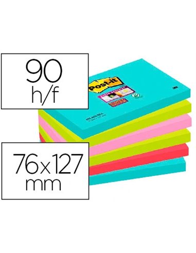Bloc-notes post-it super sticky couleur carnival 76x127mm 90f ahesif renforce bleu vert rose 6 blocs 655655.