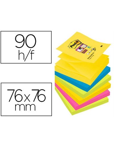 Bloc-notes post-it recharges z-notes super sticky carnival 76x76mm 100f reposit adhesif renforcé 6 blocs.