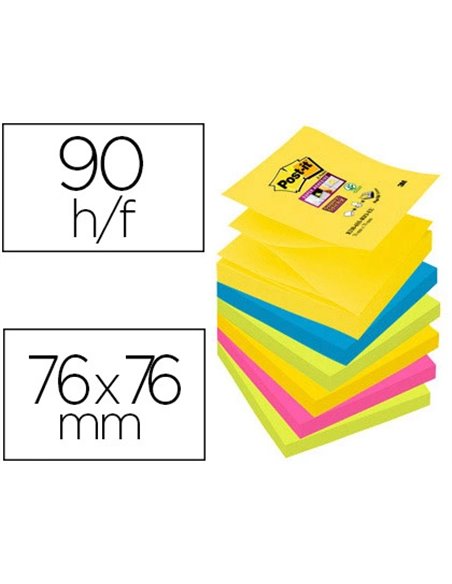 Bloc-notes post-it recharges z-notes super sticky carnival 76x76mm 100f reposit adhesif renforcé 6 blocs.