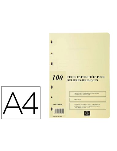 Recharge exacompta pour reliure juridiques 4 ou 6 anneaux a4 100 feuillets mobiles foliotés.