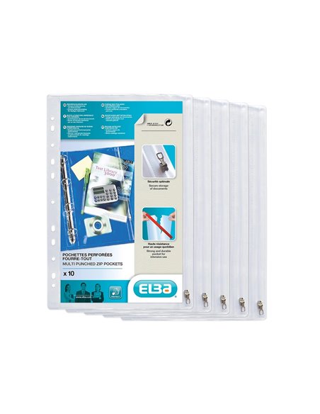 Pochette oxford fourre-tout a zip perforee pvc lisse 305x210mm coloris transparent lot 10 unites.