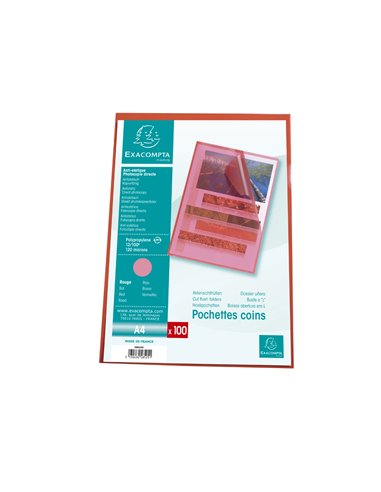 Pochette coin exacompta a4 pp graine 12/100eme 120 microns coloris rouge paquet 100 unites.