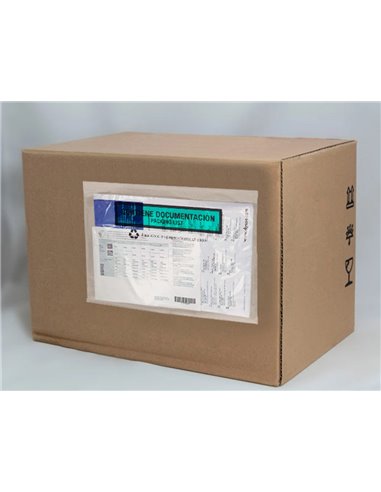 Pochette porte-documents q-connect 240x135mm auto-adhesive en papier texte espagnol anglais boite 100 unites.