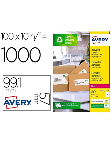 Etiquette autocollante avery adresse recyclee laser blanc 99,1 x 57mm boite de 1000 etiquettes boite de 150.