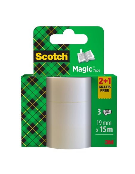 Ruban adhésif invisible Scotch Magic (lot de 3) - 19 mm x 15 m - Lot de 2 + 1 offert - Transparent