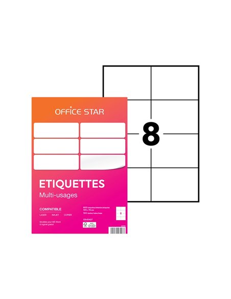 Etiquette office star impression laser jet encre et copieur 105x74mm coloris blanc pochette 800 unites.