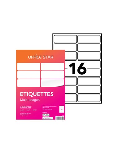 Etiquette office star impression laser jet encre et copieur 99,1x33,9mm coloris blanc pochette 1600 unites.