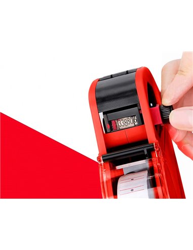 Pince à étiqueter q-connect 1 ligne 8 caractères 225x135x40mm 300g coloris rouge rouleau encreur non inclus.