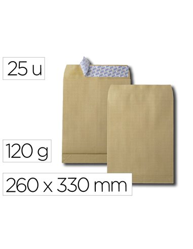 Sac gpv soufflets 3cm kraft arme 260x330mm 120gr bande protection brun paquet 25 unites.