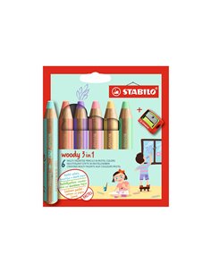 Crayons multi-talents stabilo woody 3en1 + 1 taille-crayons coloris assortis pastel etui carton.