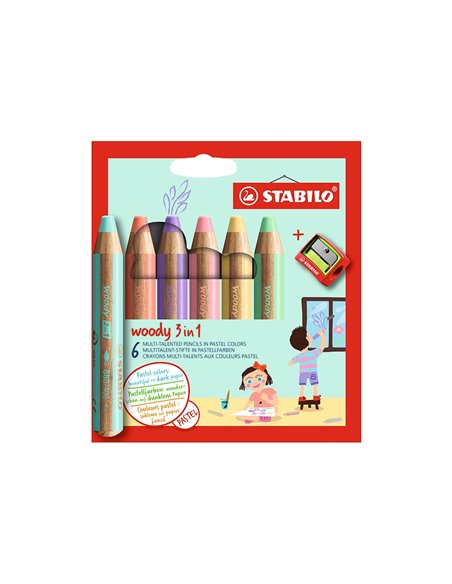 Crayons multi-talents stabilo woody 3en1 + 1 taille-crayons coloris assortis pastel etui carton.