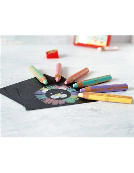 Crayons multi-talents stabilo woody 3en1 + 1 taille-crayons coloris assortis pastel etui carton.
