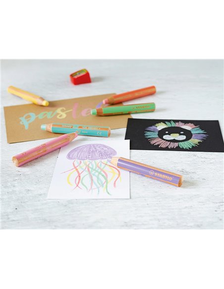 Crayons multi-talents stabilo woody 3en1 + 1 taille-crayons coloris assortis pastel etui carton.