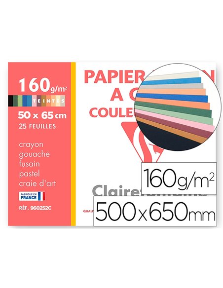 Papier dessin clairefontaine a grain 160g 1 surface grainee 1 lisse 50x65cm paquet 24f coloris pastel 24.