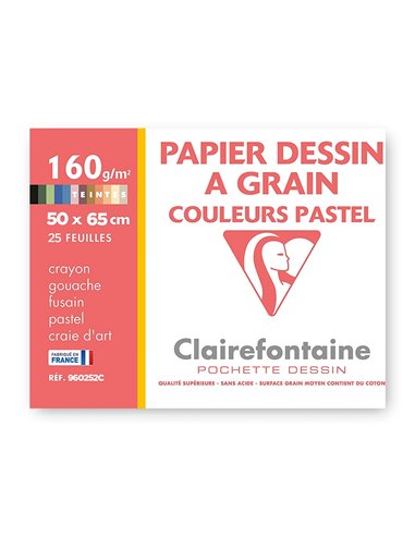 Papier dessin clairefontaine a grain 160g 1 surface grainee 1 lisse 50x65cm paquet 24f coloris pastel 24.