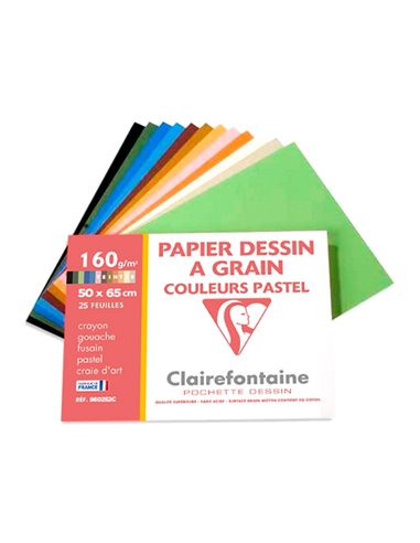 Papier dessin clairefontaine a grain 160g 1 surface grainee 1 lisse 50x65cm paquet 24f coloris pastel 24.