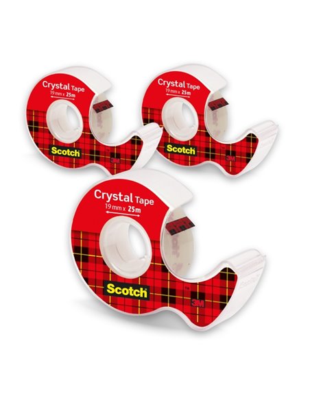 Ruban adhésif Scotch Crystal, lot de 3 – 19 mm x 25 m – Super transparent – ​​Distributeur inclus – Couleur transparente