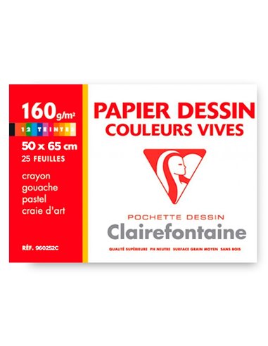 Papier dessin clairefontaine a grain 160g 1 surface grainee 1 lisse 50x65cm paquet 24f coloris vifs 24.