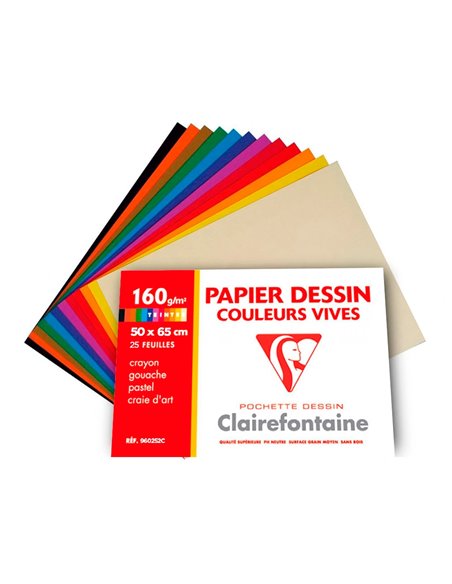 Papier dessin clairefontaine a grain 160g 1 surface grainee 1 lisse 50x65cm paquet 24f coloris vifs 24.