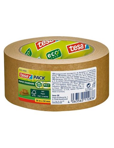 Ruban adhésif standard Tesa Tesapack Paper 50 mm x 50 m - Fabriqué avec 56 % de matériaux biodégradables - Papier issu de forêts