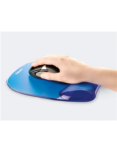 Tapis souris fellowes repose-poignet gel transparent bleu adapté souris optiques.
