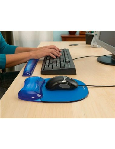 Tapis souris fellowes repose-poignet gel transparent bleu adapté souris optiques.